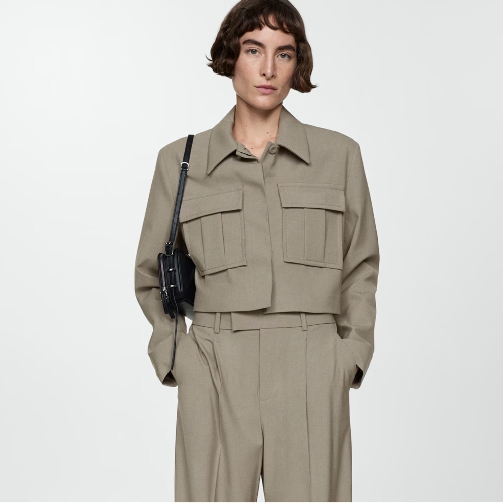 Mango taupe brown grey cropped tailored utility pocket jacket - Picture 2 of 9